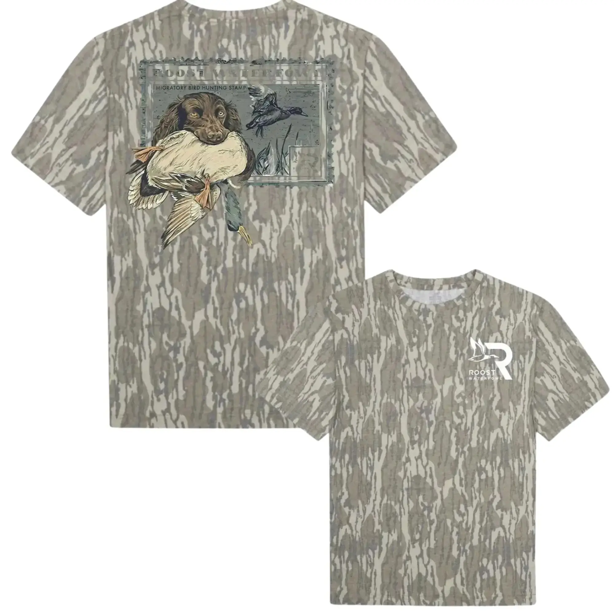 2026 Roost Waterfowl Boykin Stamp Camouflage Mossy Oak Bottomland Printed Tee - Hunting Camo Shirt, Cotton Soft Stretch, Men's Casual Streetwear, Fall Winter Clothes, Full Size S-5XL