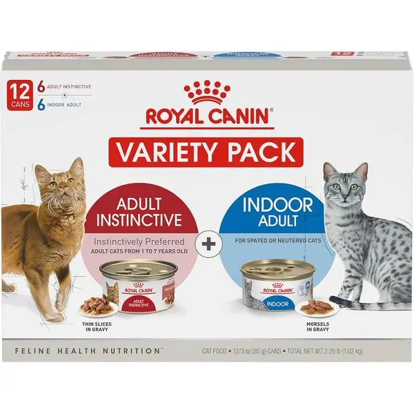 Royal Canin Feline Health Nutrition Indoor Adult & Adult Instinctive Thin Slices in Gravy and Morsels in Gravy Variety Pack Cat Food, 3 oz (Pack of 12)