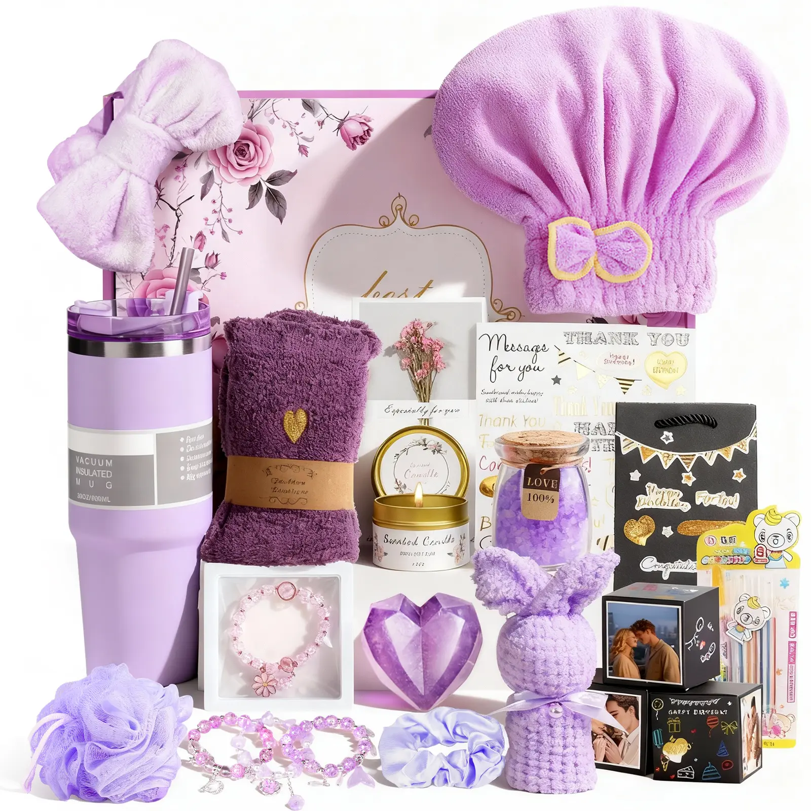 Birthday Holiday Gift Set - 21PCS DIY Photo Pop-Up Box for Birthdays Valentine’s Day Get Well Soon Spa Care Mother’s Day Gifts Perfect for Special Occasions basket Elegant Pink Heart Mug  valentine's gift for bf/gf/wife