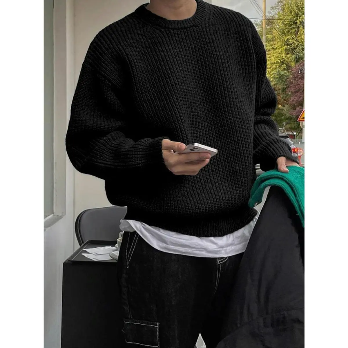Men's Solid Drop Shoulder Cable Knit Sweater, Loose Casual Long Sleeve Round Neck Jumper for Fall & Winter, Fashion Knitwear for, Classic Design Everyday Essential Versatile Style Comfort