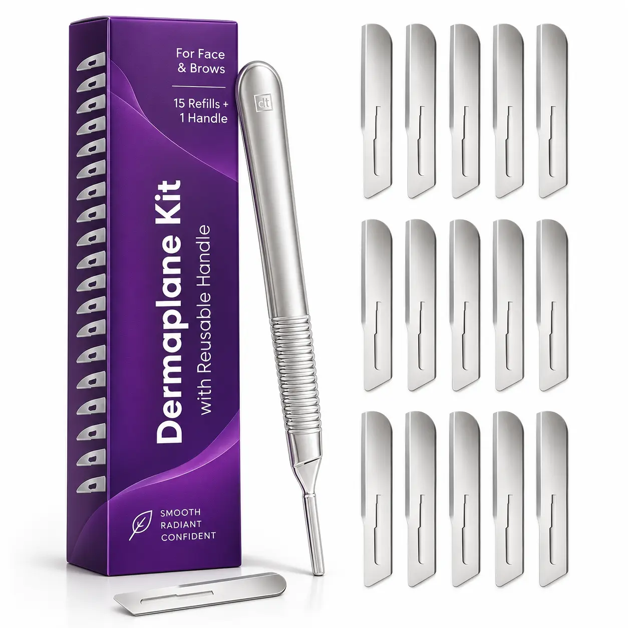 MyMed Dermaplaning Razor Kit for Women, Reusable Handle + 15 Individually Wrapped Refills for Peach Fuzz & Facial Hair