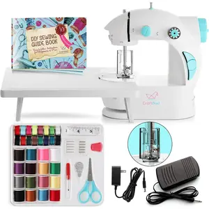 Mini Sewing Machine for Beginners, Dual Speed Small Sewing Machine for Kids and Adults with Extension Table, 48 Set Includes, Pedal, Projects Book, Light and More, White