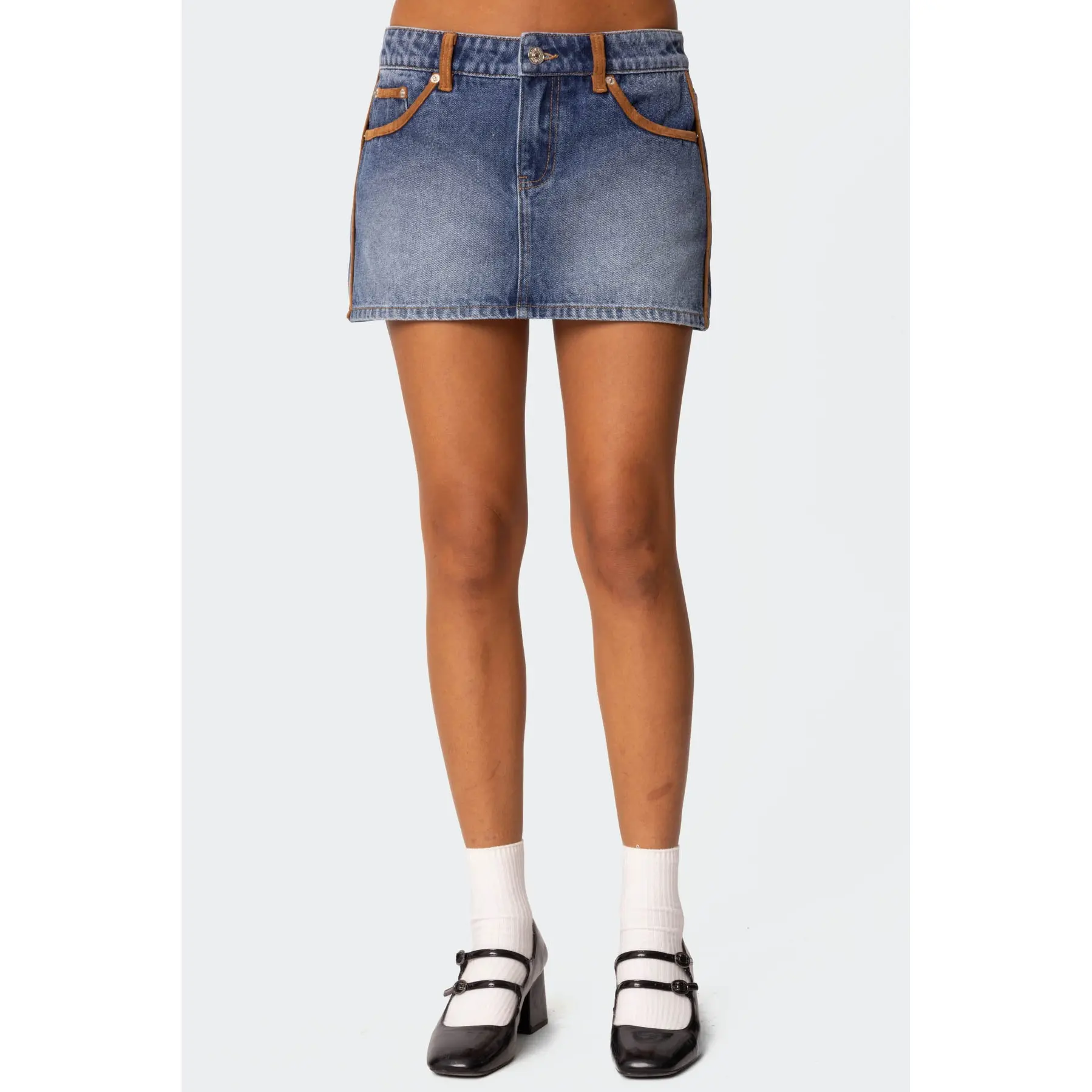 Vera Suede Trim Denim Mini Skirt Vera Suede Trim Denim Mini Skirt