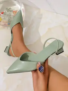Women's High Heel Shoes, Back Strap Suede Pointed Toe Mules, Elegant PU Leather Slip Ons, Medium Width, Less Than Ankle Height