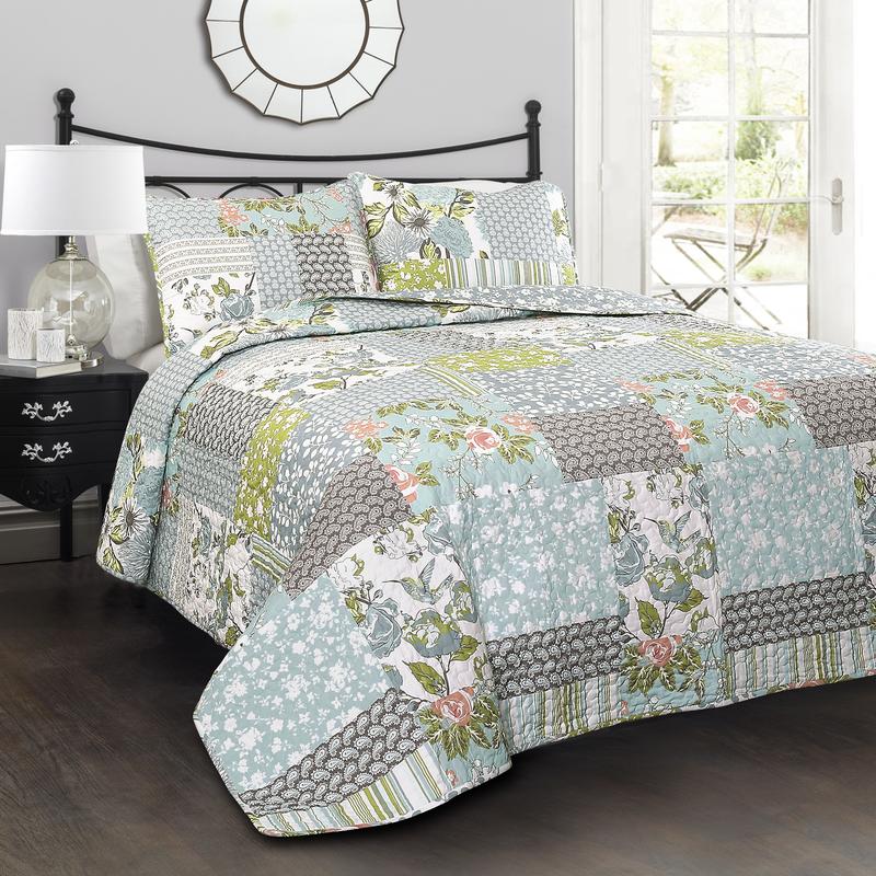 Lush Decor Roesser Reversible Cotton Quilt 3 Piece Set Blue, Full/Queen/King Size - Floral Bedding Set Quilt - Patchwork Quilts - Cottage Core Decor