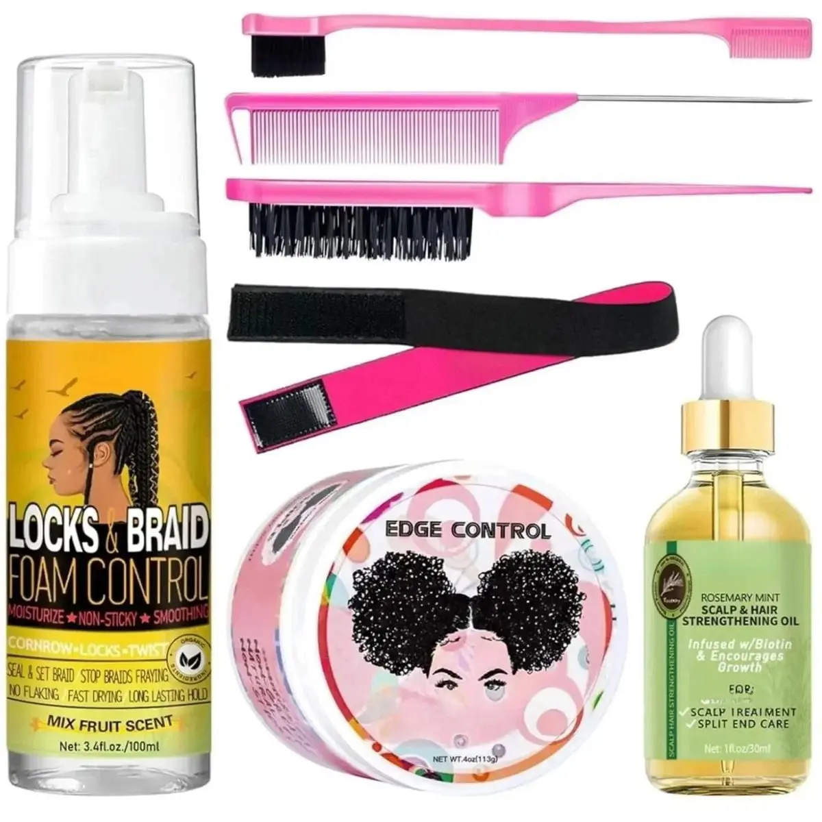 7-Piece Braid and Edge Control Styling Kit with Strong Hold Wax, Mousse, and Rosemary Oil for Hair Growth, Non-Greasy Finish for Black Hair, Hair Care Routine