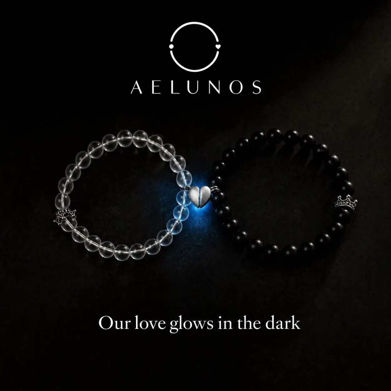 AELUNOS 2-Piece Glowing Couple Bracelet Set with Clear Quartz and Silver Obsidian Beads, Glow-in-the-Dark Magnetic Crown and Heart Charms, Love & Freedom Matching Jewelry for Women and Men, Daily Wear Gift for Couples, Friends and Girlfriends