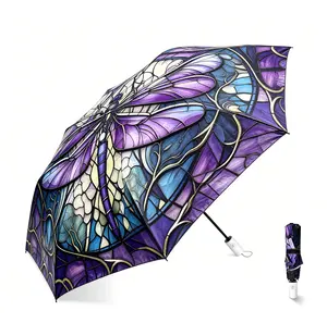 Windproof Umbrella with Automatic Open And Close Feature Stylish Purple And Golden Dragonfly Design Compact And Lightweight Ideal for Both Men And Women Great Gift  Print