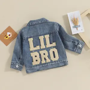 Baby Boys Denim Jacket Back Letter Embroidery Infant Button-Down Jeans Jacket Turn-Down Collar Toddler Coat Outerwear
