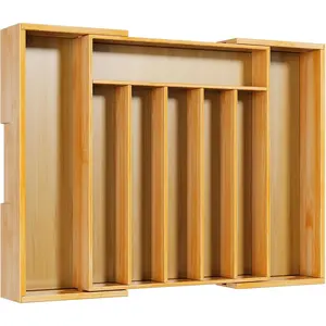 Large Expandable Bamboo Silverware Organizer, 6 to 8 Slots Drawer Organizer for Utensil Cutlery Flatware, Natural Kitchen Storage Solution, Size 19.4" * 13.1" * 1.8"