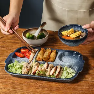 Ceramic Plate Division Grid Plate Multi Grid Household Porcelain Tea Platter Rectangle 4Grids Flare Black for Adults 10 Inches Color Glaze Aesthetic Serving