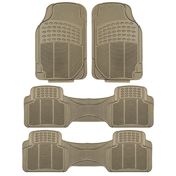 Beige 3-Row ClimaProof Trimmable Non-Slip Vinyl Car Floor Mats All Weather Set - Custom Size, Fluid Guard, Rear 54.4"x17.1", Tall Outer Ridges, Securing Design, Automotive Protection Accessory, Car Accessory, Stain‑Resist Coat