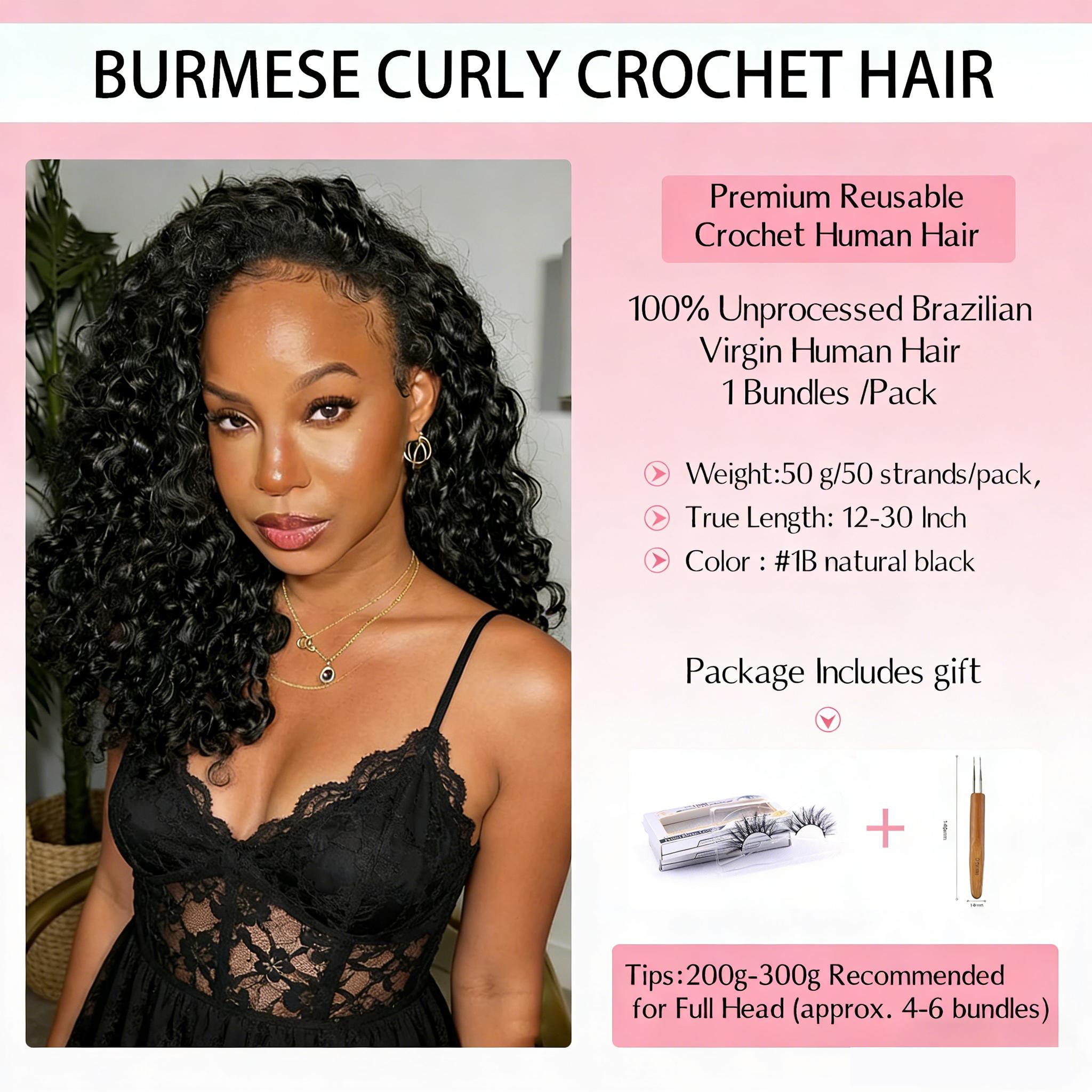 [NEW IN] GOULUS Burmese Curly Crochet Hair Pre-Separated Feather Human Hair Bundles with Invisible Miracle Knots Natural Black Color 4–5 Packs for Full Head Multiple Curly & Wavy Textures Soft Lightweight No Tangle No Shedding Hair Extensions