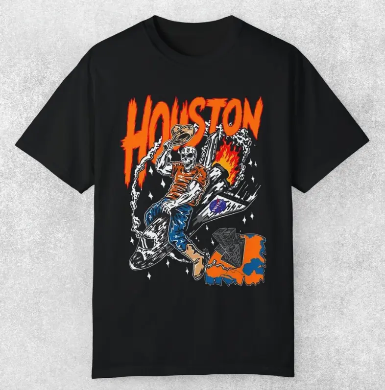 Skeleton Driving Rocket shirt, Houston Basketball Fan Gift, Streetwear Style Round Neck Unisex T-shirt