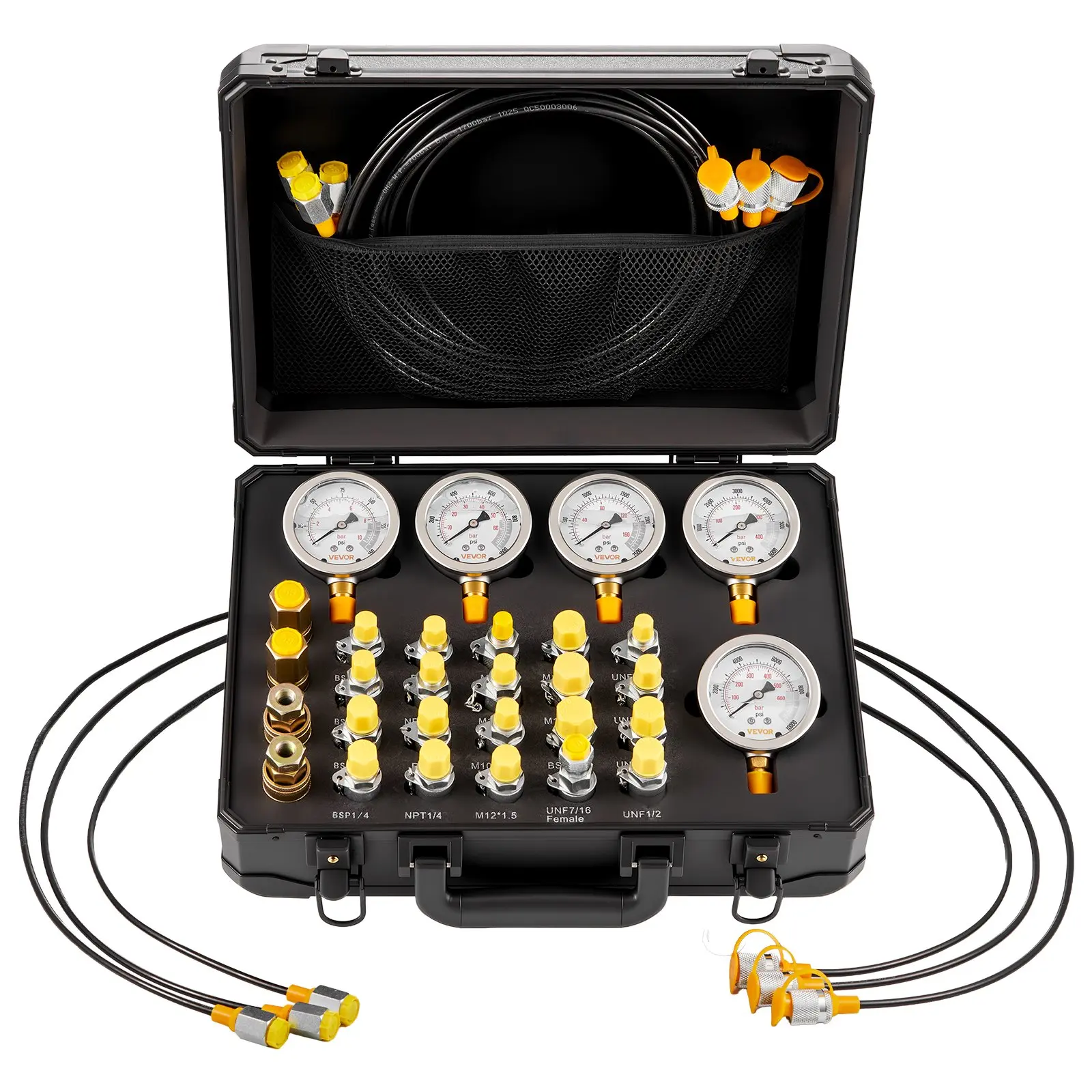 【Summerfinds】Father's Day Gift VEVOR Hydraulic Pressure Test Kit with 5 Analog Hydraulic Gauges (150/900/2300/6000/9000 PSI, 10/60/160/400/600 Bar), 20 Couplings, 4 Quick-Release Couplings, 3 Hoses for Excavators, Construction Machinery