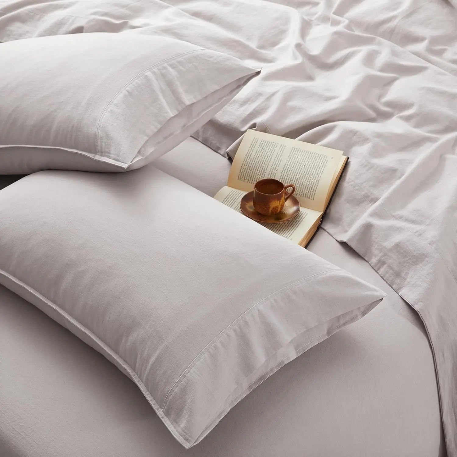 Organic French Normandy Natural Linen Queen Size 4-Piece Bed Sheet Set - Solid, Breathable Home Bedding, 16-in Deep Pocket, 1 Flat, 1 Fitted, 2 Pillowcases, Machine Washable