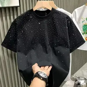 Men’s summer clothing, rhinestone rivet T-shirt, crew-neck casual T-shirt, Korean-style men’s short-sleeve T-shirt, streetwear T-shirt