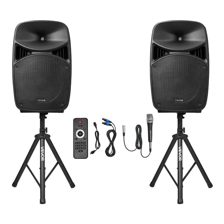 【Summerfinds】 Durable Portable PA Audio System, 2000W (PMPO) Powered Sound Device with 3-Channel Mixer, Dual Speakers, Wireless Bluetooth, Microphone, Compact Stands, USB/SD Inputs, Remote Control, Grooved Handle, PP Cabinet, Smartphone Compatibility,