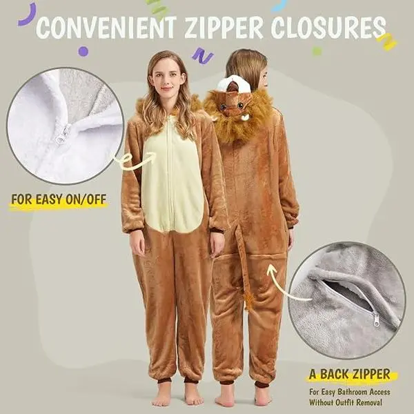 SISKIN Adult Animal Onesie - 3D Hooded Loungewear Pajama Set with Front & Back Zippers, Unisex Women's Halloween Costumes for Couples