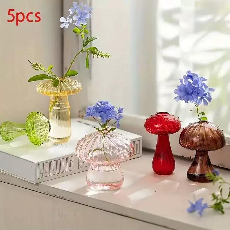 5-Pack Cute Mushroom Glass Vase Set, Mini Ribbed Mushroom Bud Vases, Colorful Aesthetic Tabletop Decor, Fairycore Home Decor for Bedroom and Living Room