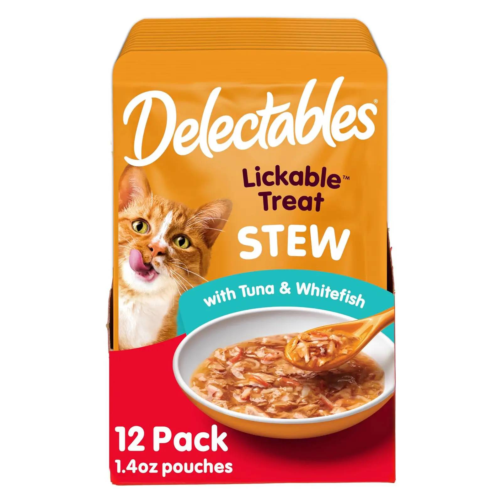 Delectables Lickable Treat Stew Wet Cat Treat with Real Tuna & Whitefish, Food Topper, Hydrating, Grain-Free, No Fillers, No By-Products, No Added Preservatives, 1.4oz Pouch, 12ct