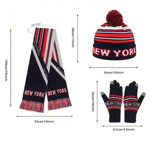 16 Teams Knit Beanie Gloves Scarf 3 Pcs Set Soft and Skin-friendly Vintage Striped Football Theme Christmas Gift