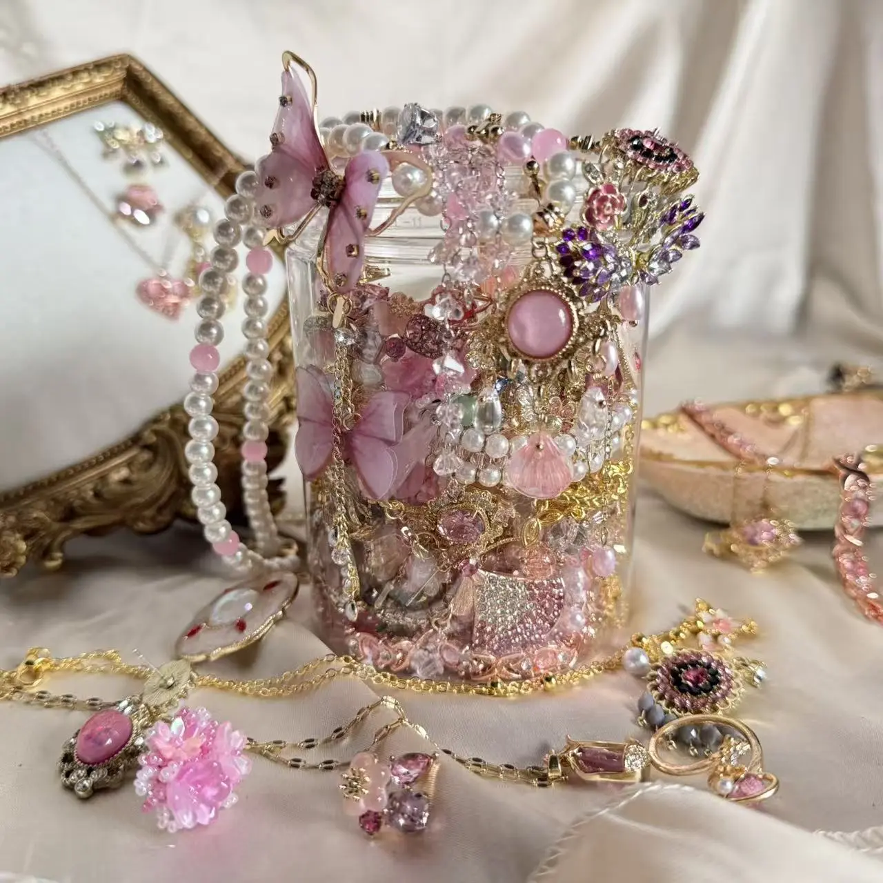 GM Vintage Dream Pink Jewelry Jar: Curated Necklace Earrings Ring Bracelet Gift For Her GM Vintage Dream Pink Jewelry Jar: Curated Necklace Earrings Ring Bracelet Gift For Her