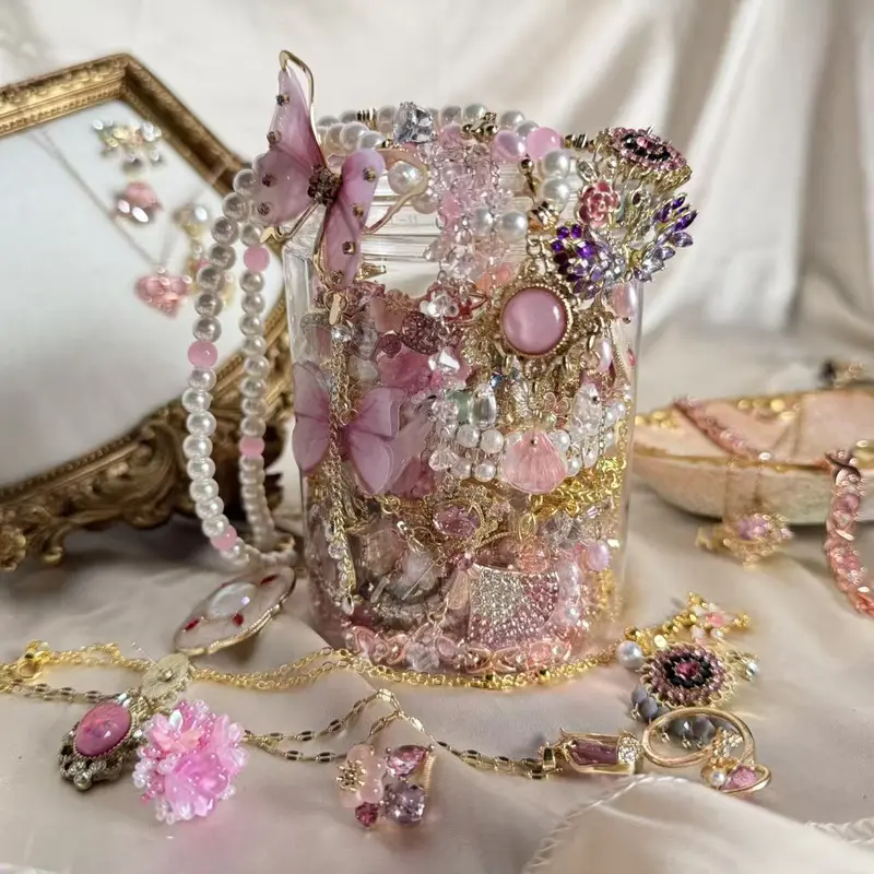 GM Vintage Dream Pink Jewelry Jar: Curated Necklace Earrings Ring Bracelet Gift For Her