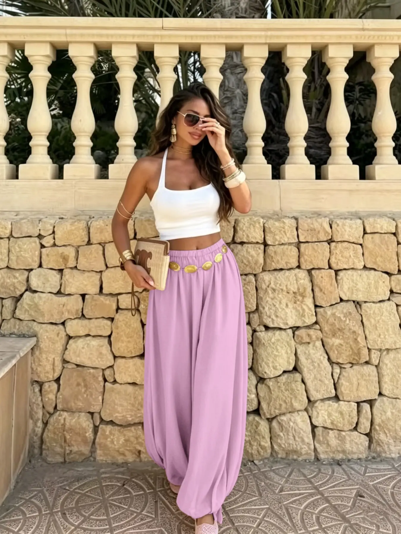 Summer Women's Casual Fashion Solid Color Long Pants, Loose Fit Elastic Waist Belt Lantern Pants, Bottoms, Ideal for Everyday Wear, Womenswear