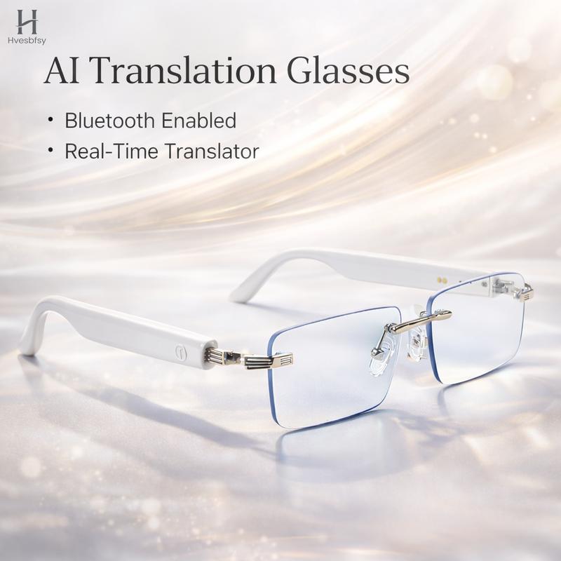 AI Translation Glasses, Bluetooth Eyeglasses with Real-Time Translator for 164 Languages, Photochromic Spring Hinge Bluetooth Glasses with Speakers, Rimless Smart Glasses for Travel/Work/Study(Silver)
