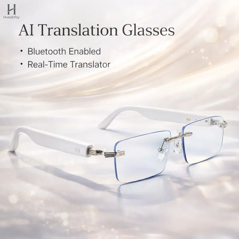 AI Translation Glasses, Bluetooth Eyeglasses with Real-Time Translator for 164 Languages, Photochromic Spring Hinge Bluetooth Glasses with Speakers, Rimless Smart Glasses for Travel/Work/Study(Silver)