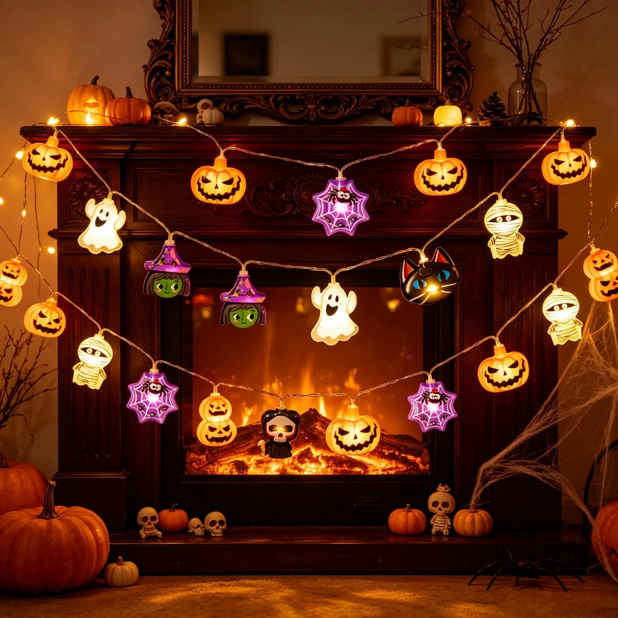 Halloween Battery-Operated PVC String Lights - 10FT 20 LED Soft Warm Cartoon Decor Lights with Pumpkin, Ghost, Mummy, Spider, Black Cat, Witch, Skeleton, Indoor/Outdoor Backdrop Decor, Festive Gift for Party, Home