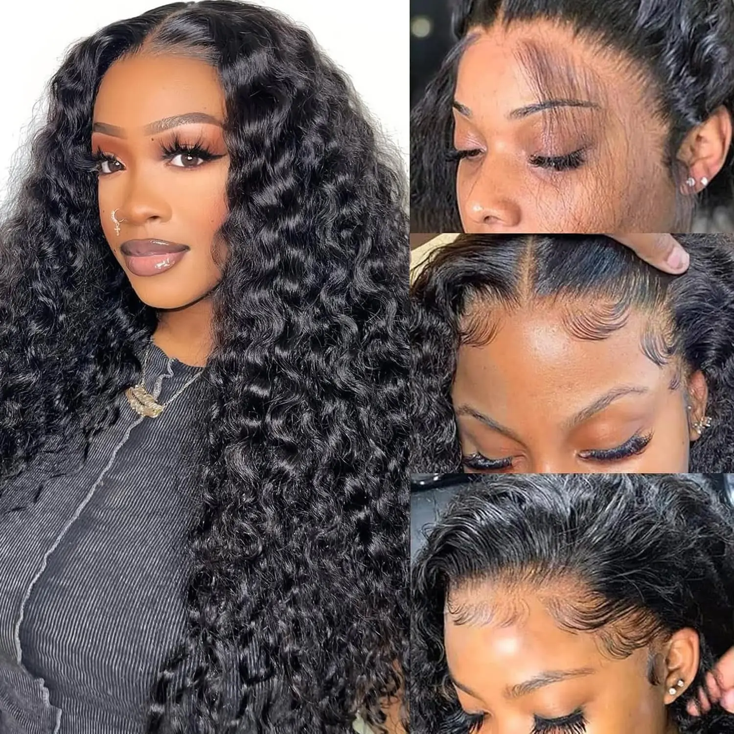 180% Deep Wave Frontal Wig 13x4 HD Lace Front Wigs For Women Water Wave Curly Lace Front Human Hair Wig 13x4 High Density 1B