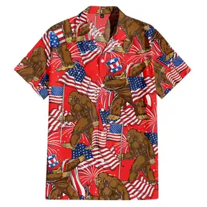 Bigfoot's Freedom Hawaiian Shirt, Patriotic American Flag Sasquatch Party Top, Funny Dabbing Sasquatch US Flag Shirt, Tropical Hibiscus Bigfoot Graphic Aloha Shirt