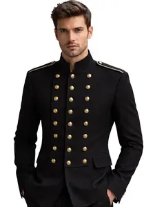 Men's Black Wool Military Double-Breasted Uniform Steampunk Gothic Parade with Gold Buttons and Classic Design
