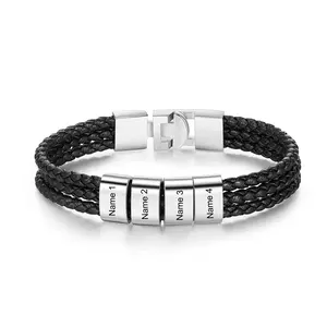 Father's Day Gift Personalized Multiple Names Leather Bracelet for Men, Custom Engraved Name Beads Triple-Row Black Band