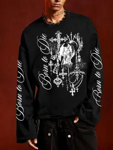 Men's Gothic Long Sleeve T-Shirt, 'born to Die' Angel Cross Print, Loose High Street Style, Spring & Fall Fashion, Without Collar