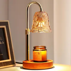 Wooden Aromatherapy Lamp with Smart Touch Switch Timer Settings 2H/4H/8H Adjustable Wax Melt Warmer Night Light & Candle Warmer Elegant Bell Design Glass Petal Shade Cozy Gift Decoration