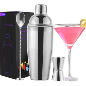 24oz  Shaker Bar Set, Martini Shaker with Built-in Strainer, Measuring Jigger, Mixing Spoon, Professional Stainless Steel Large Bartender Drink Shaker Margarita  Mixer-