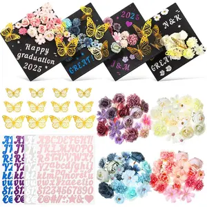 4 Sets 104 count Graduation Cap Decorations Kits, Includes Faux Flower Heads  Butterfly Stickers Self Adhesive Glitter Alphabet Letter Number Stickers for Grad Hat Topper DIY