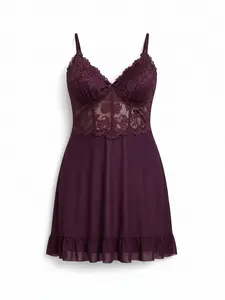 Plus-Size Women's Two-Piece Loungewear Set Solid-Color Elegant Sexy Comfortable Mesh Lace-Paneled Nightgown with Bow Accent Thin Straps Wide-Sleeve Robe - Nightwear, Womenswear