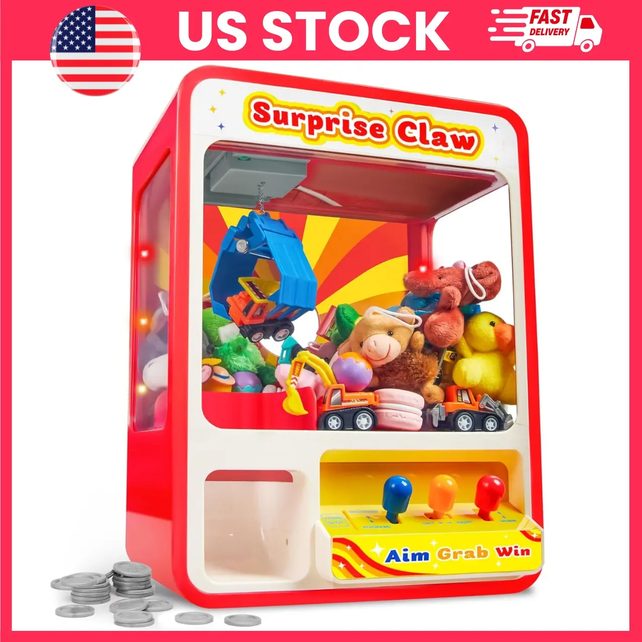Mini Claw Machine Arcade Toy for Kids, Rechargeable Prize Vending Machine with LED Lights, Adjustable Volume & Charging Cable, Candy & Toy Grabber Game for Birthday, Christmas, Party Gifts, Ages 3+ | rechargeable claw machine,christmas gift,easter toy