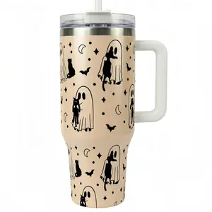 Halloween Ghost & Pumpkin 40oz Tumbler, Festive Spooky Season Stainless Steel Cup with Handle & Straw, Autumn Vibe Coffee Mug, Perfect Holiday Gift for Her