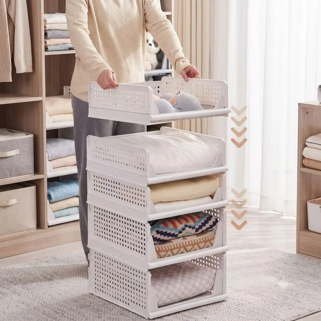 5-Pack Rectangle Plastic Sturdy Stackable Closet Organizer Boxes - Foldable Open Front Heavy-Duty Space-Saving Containers for Home Shelves, 50kg Load Capacity