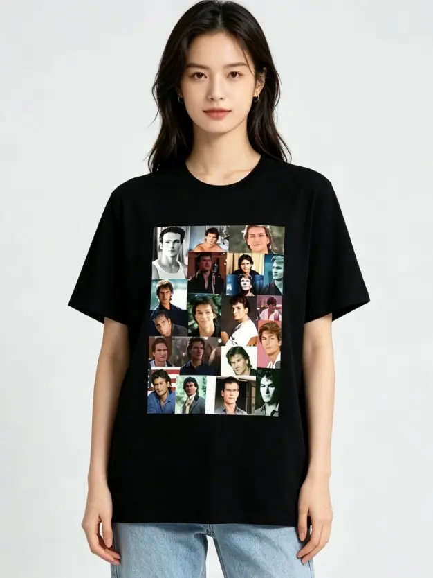 Patrick Swayze Photo Collage T-Shirt, Vintage 80s Movie Star Graphic Tee Retro Celebrity Short Sleeve Top
