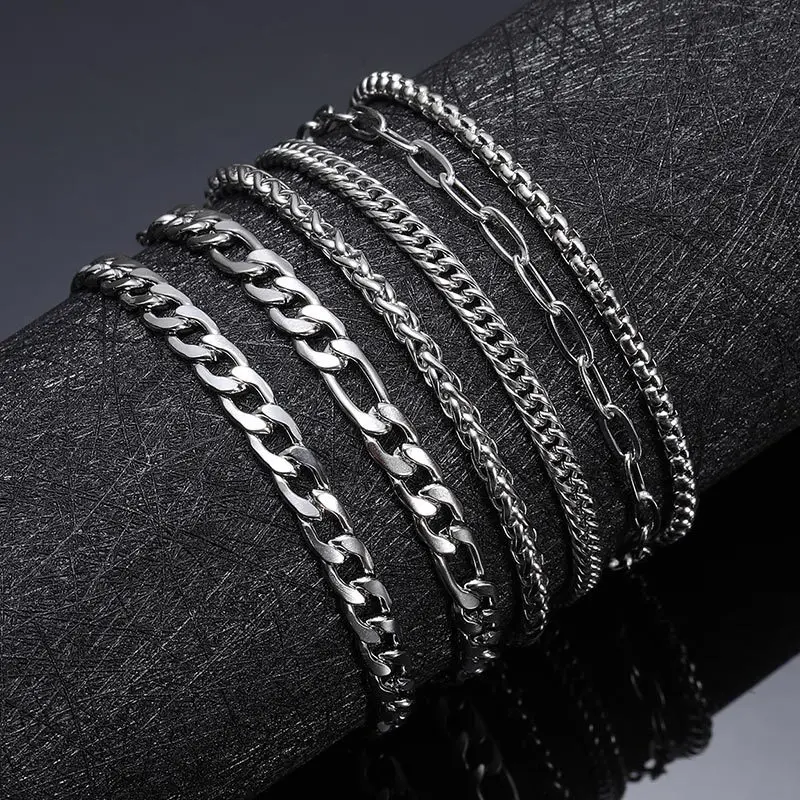 Men's 6-Pcs Stainless Steel Chain Bracelet Set - Cuban, Figaro, Stackable Styles, Non Tarnish Jewelry for Sports, Outdoor Use & Daily Wear, Ideal for Gifting, Stainless Steel Bracelets,summerwins