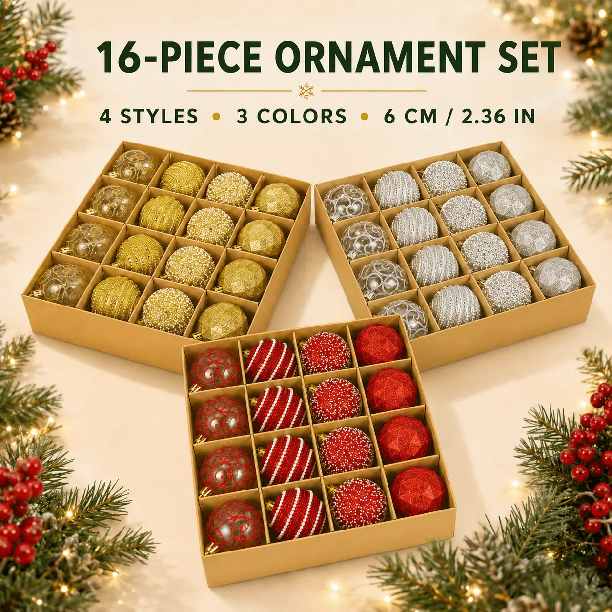 16-Pack 2.36-Inch Christmas Ball Ornaments, Glitter Sequin Beaded and Clear Swirl Designs, Red Gold or Silver Hanging Christmas Tree Decorations