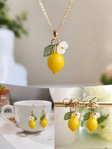 Lemon Flower Resin Necklace and Earrings (Set), Refreshing Cute Pendant, Sweet Jewelry Gift for Women, Elegant Jewelry Set, Daily Wear, Casual Style, All Seasons