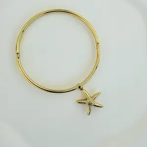Bangle Open Style with Pendant 7.5 Inches and 4mm Starfish Charm Gold-Tone Jewelry Accessory