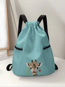Giraffe Print Drawstring Backpack, Large Capacity Durable Gym Bag, Adjustable Shoulder Straps, Casual Travel Hiking Camping Bag